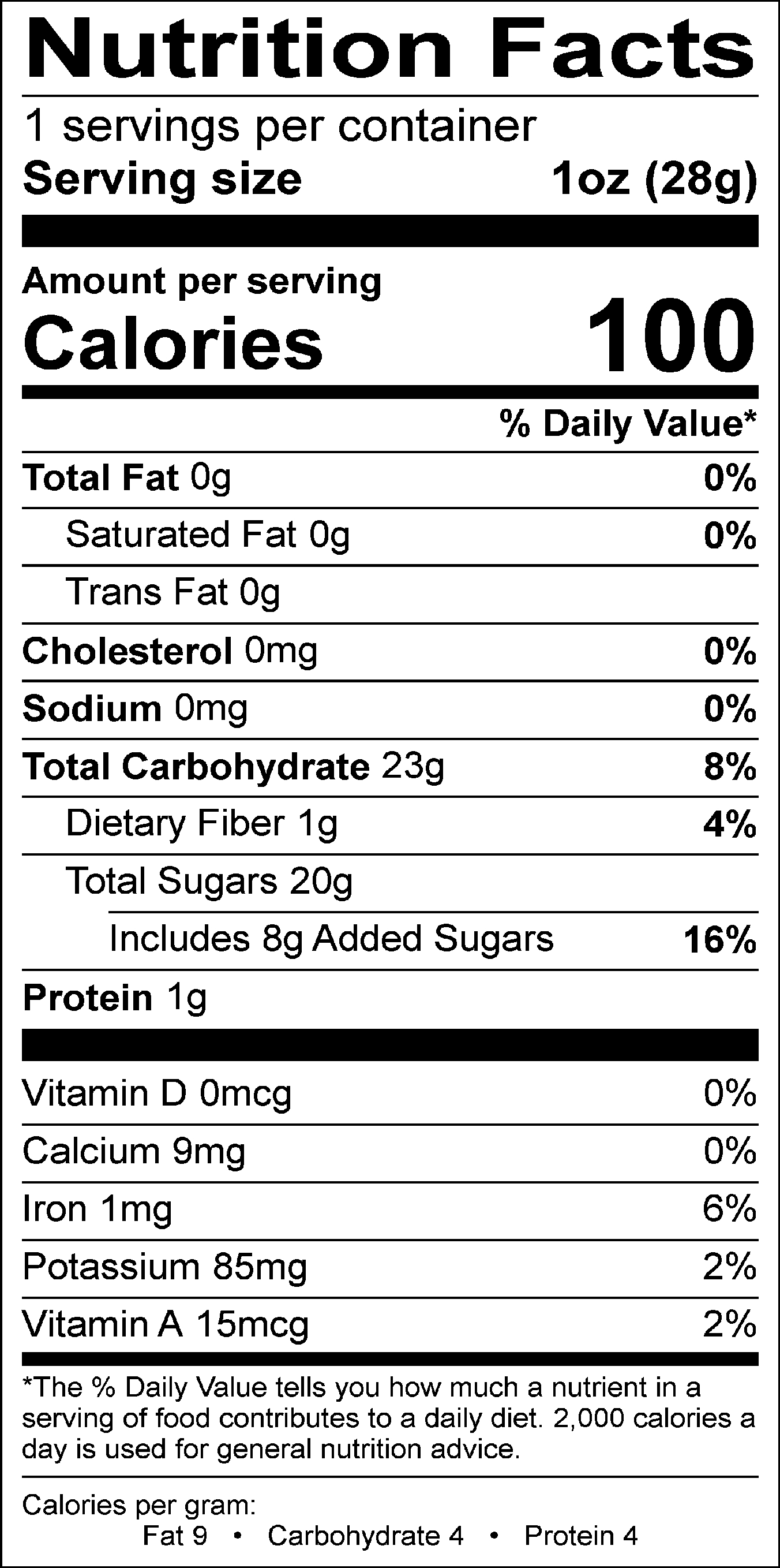 Dried RTP cherries 1oz Label Nutritional Panel