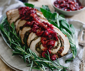 Tart Cherry Chestnut Stuffed Turkey Roulade